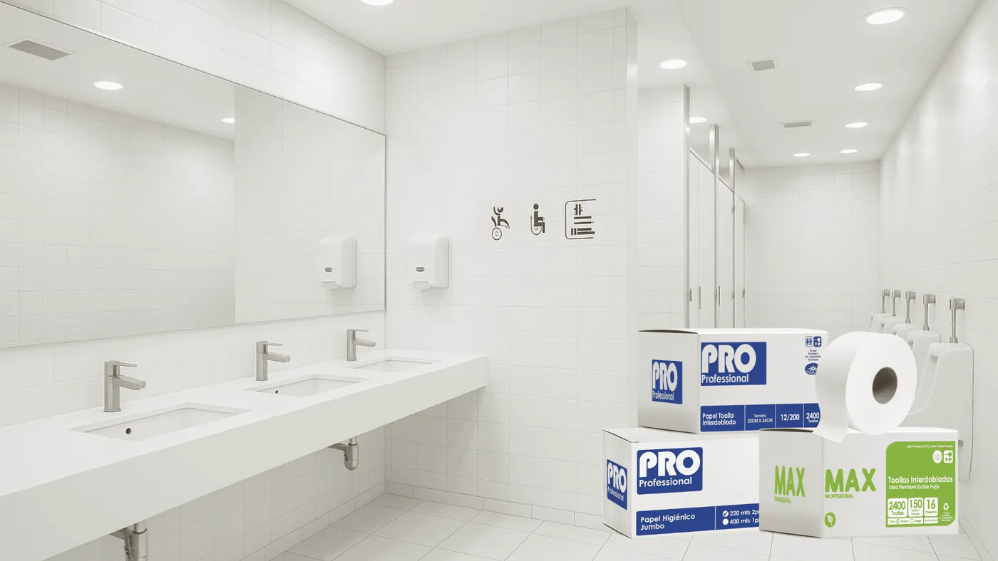 Papel higiénico y papel toalla Supply Max Pro y Max en un baño corporativo